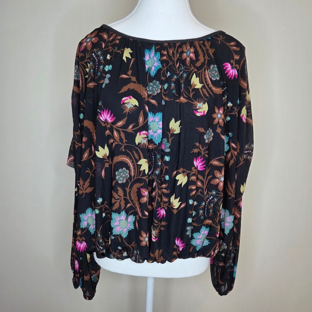 Free People Floral Mesh Blouse Black‎ Tiered Bell Sleeve Boho Top Medium